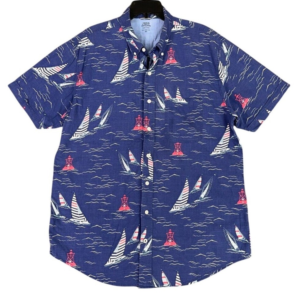 Izod Saltwater Relaxed Hawaiian Sailing Shirt Mens XLT Blue Classics Camp‎
